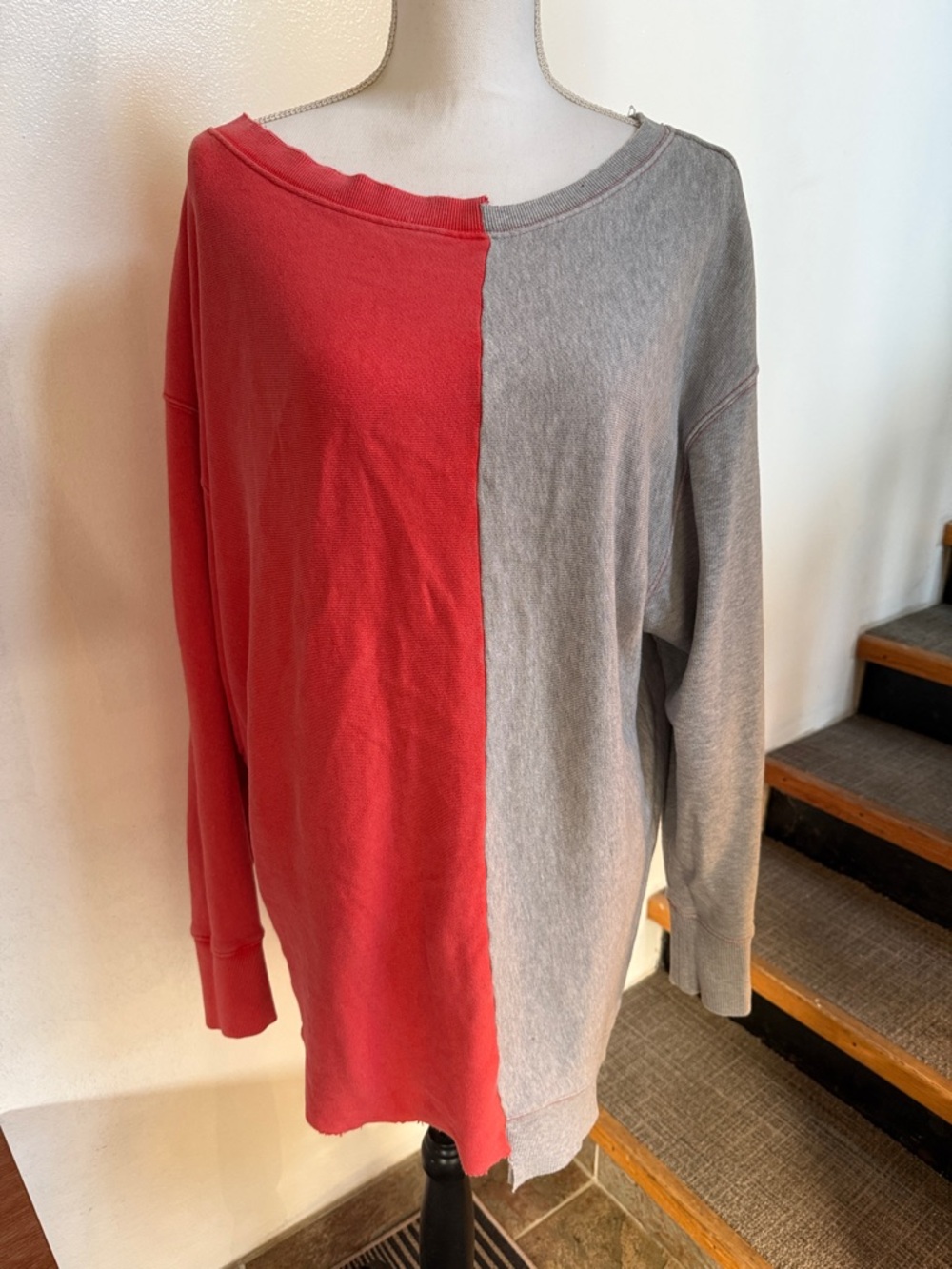 Free People Two-Tone Red and Gray Split Sweatshirt
